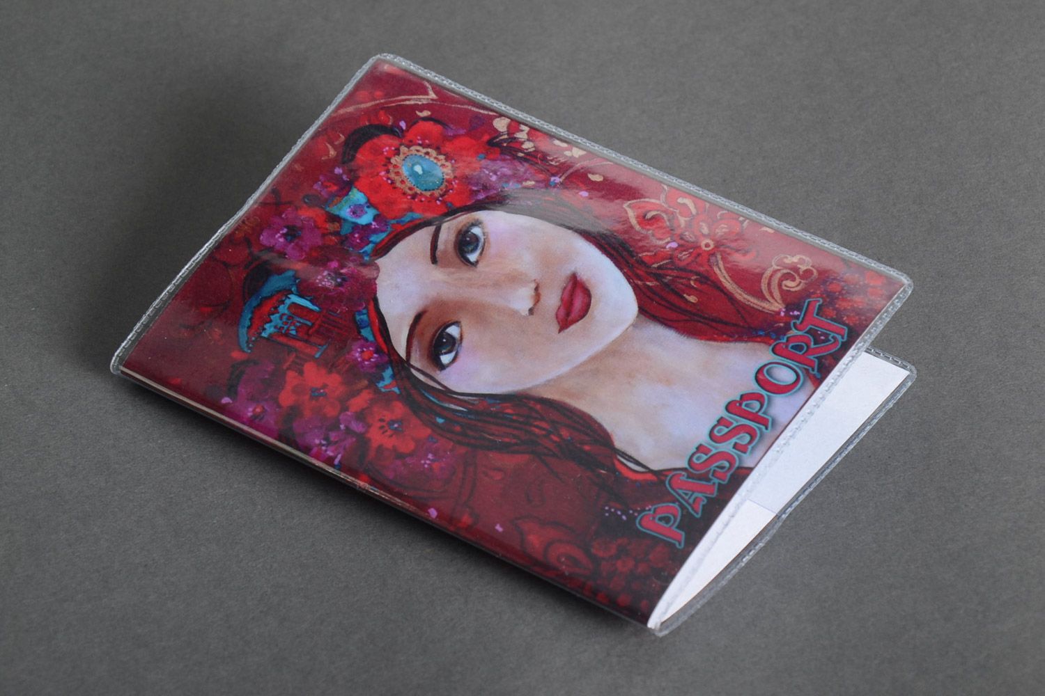 Handmade passport cover with photo print of girl in red color palette for women photo 2