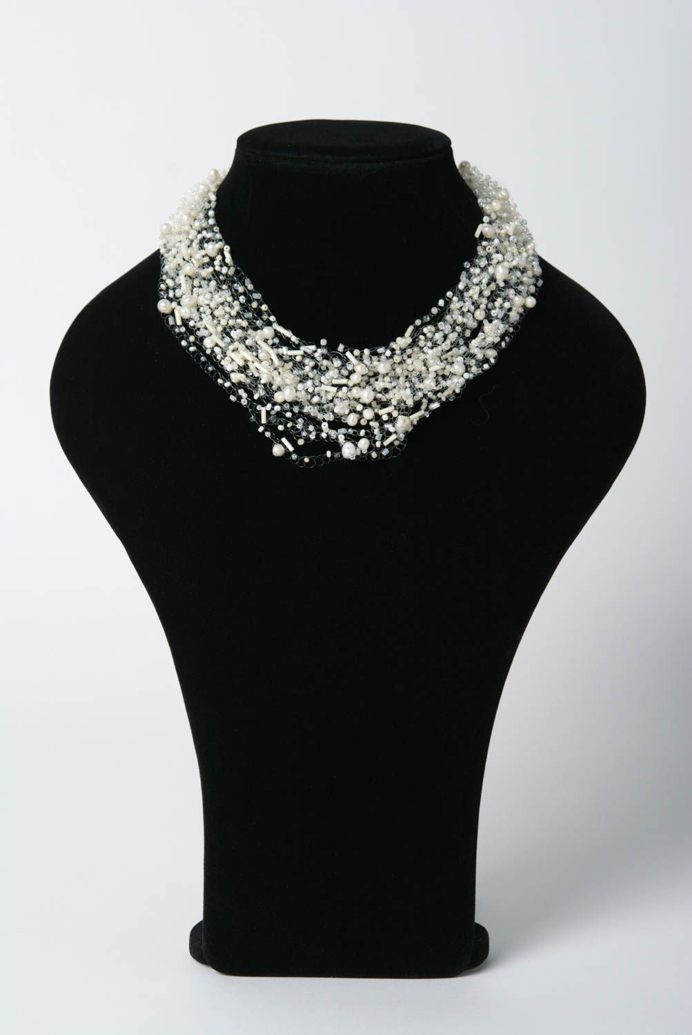 Handmade multi row beaded airy necklace designer white summer accessory photo 2