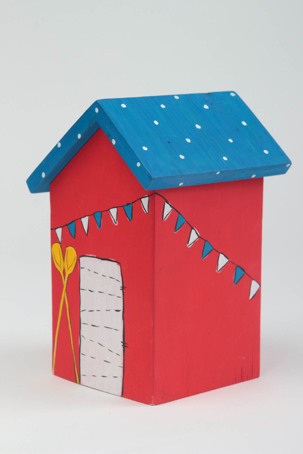 Maisonnette en bois fait main Petite statuette rouge bleu design Déco intérieur photo 2
