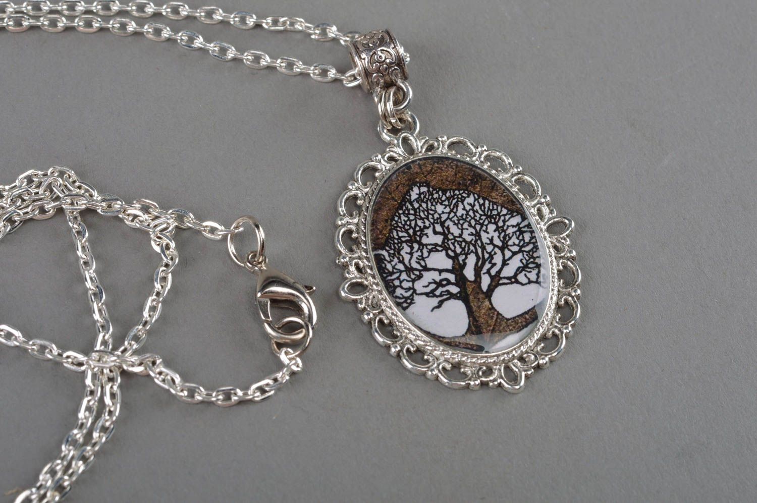 Handmade vintage decoupage pendant necklace with jewelry resin on chain Tree photo 2