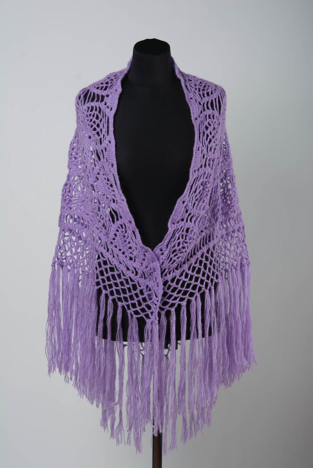 Handmade warm violet lacy shawl crocheted of woolen threads with fringe for women photo 2