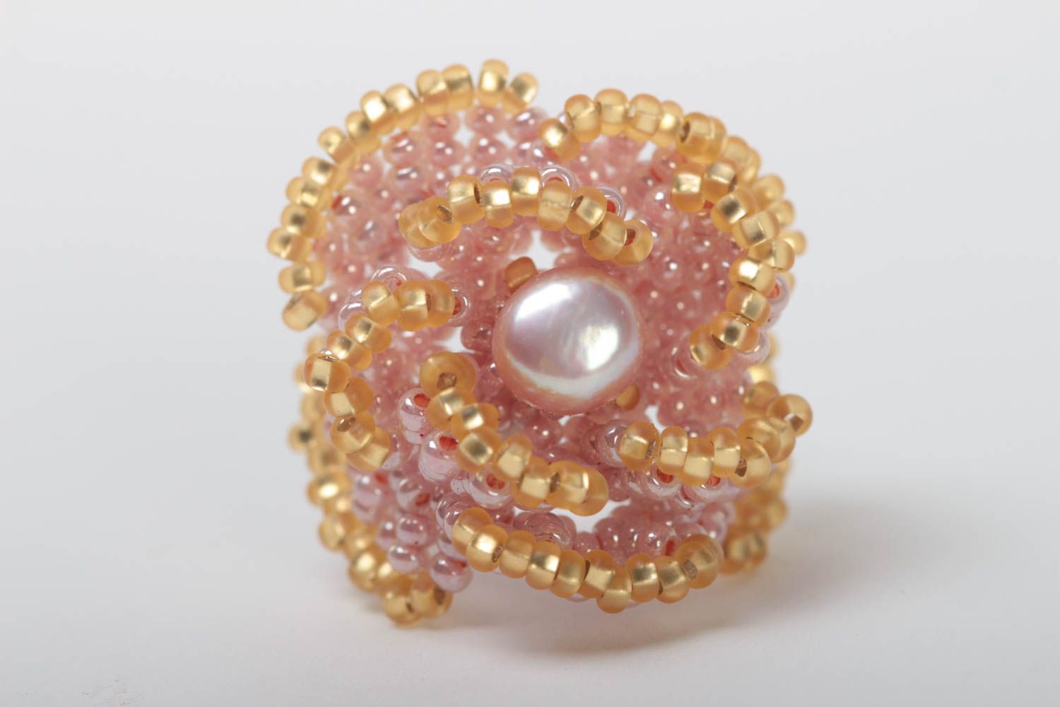 Handmade beaded ring stylish accessory with pearls flower designer jewelry photo 2