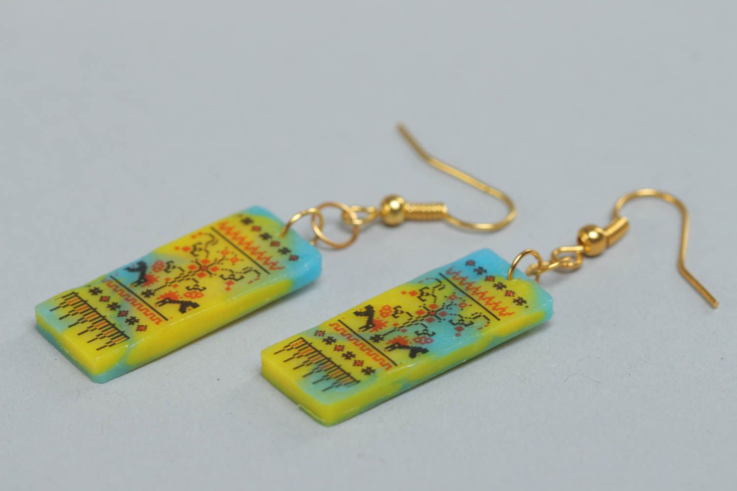 Handmade polymer clay earrings with Ukrainian symbolism yellow with blue photo 3