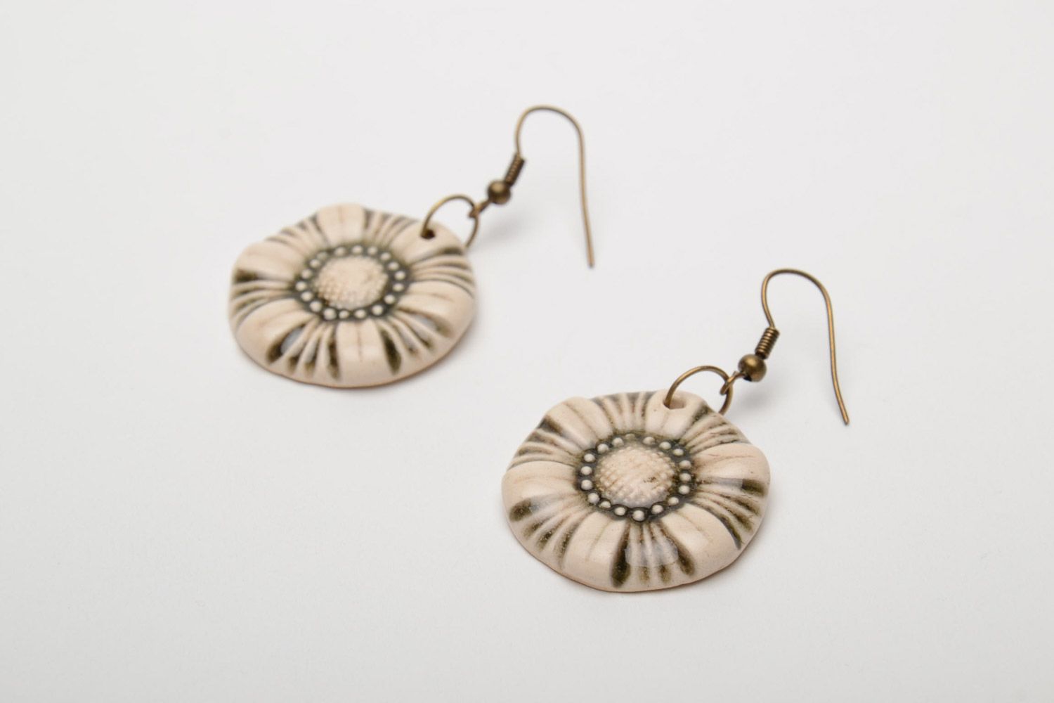 Handmade round beige dangle earrings molded of white clay and painted with enamel photo 3