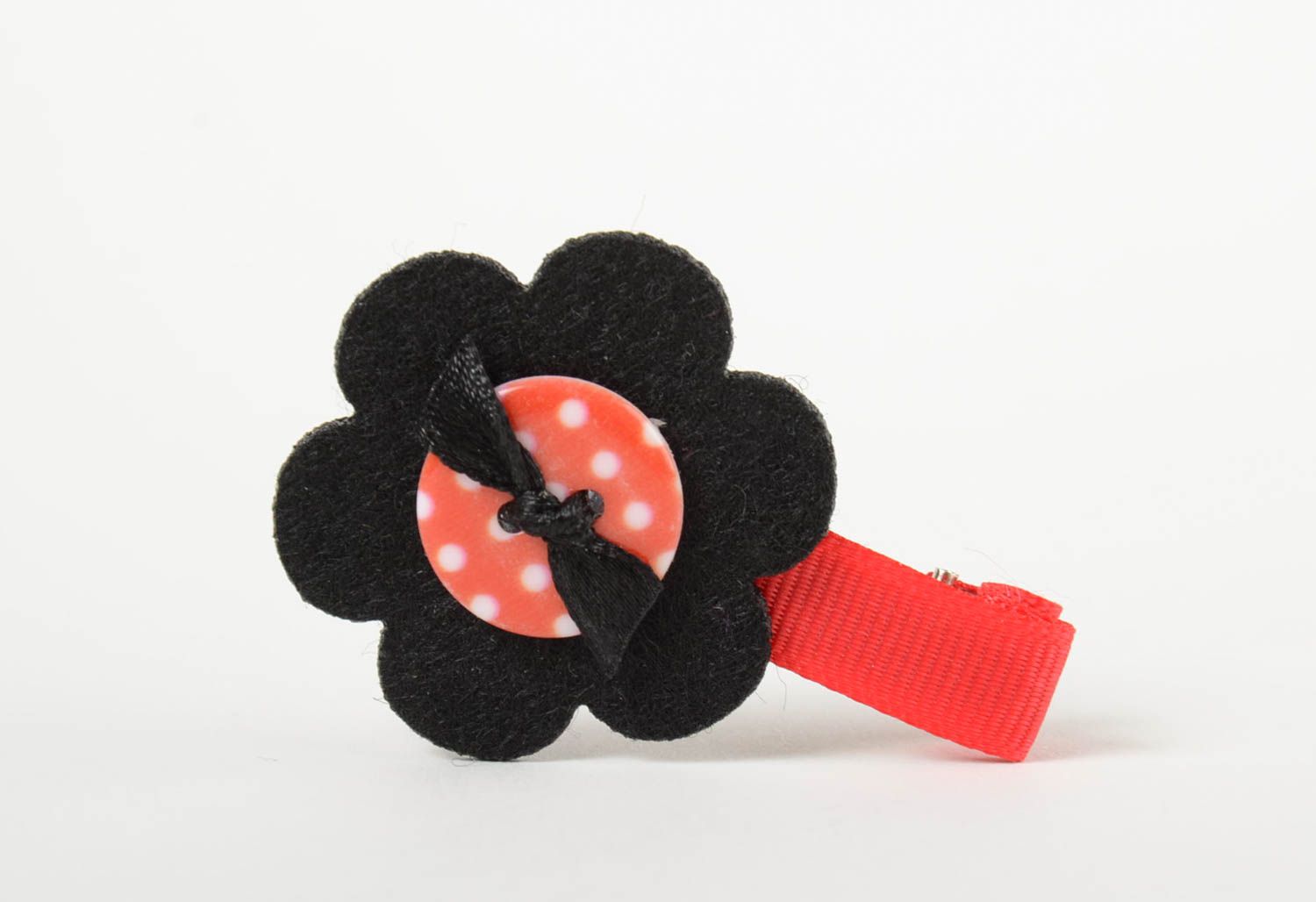 Red and black hair clip in the shape of flower handmade barrette for girls photo 4