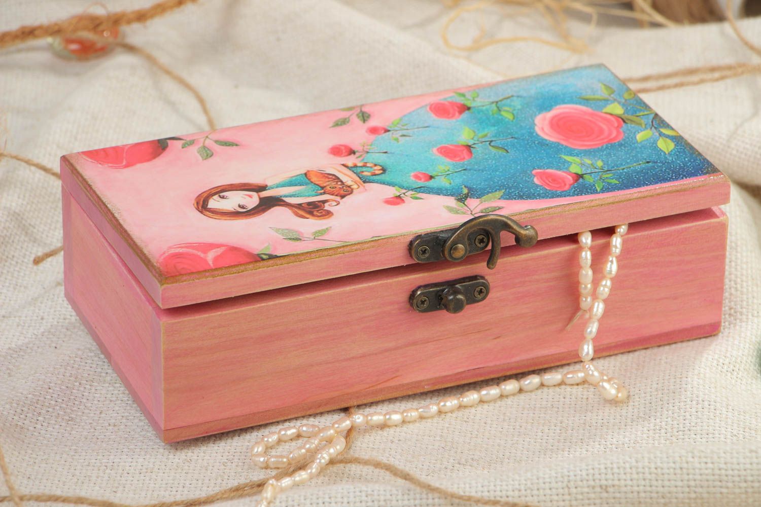 Caja de madera hecha a mano para accesorios rectangular con princesa foto 1