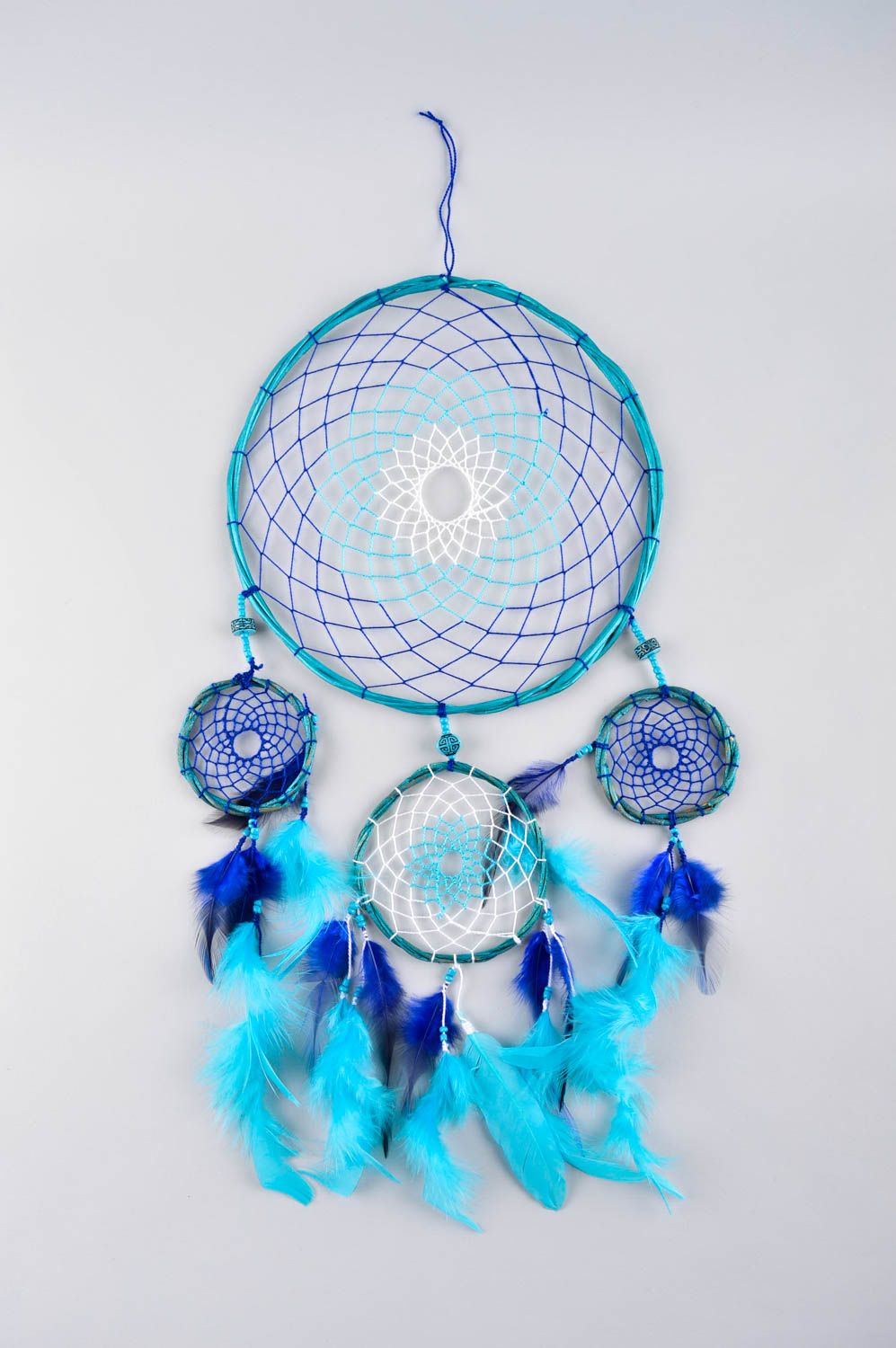 Handmade Deko Anhänger Indianer Traumfänger Wand Schmuck blau mit Federn  foto 2