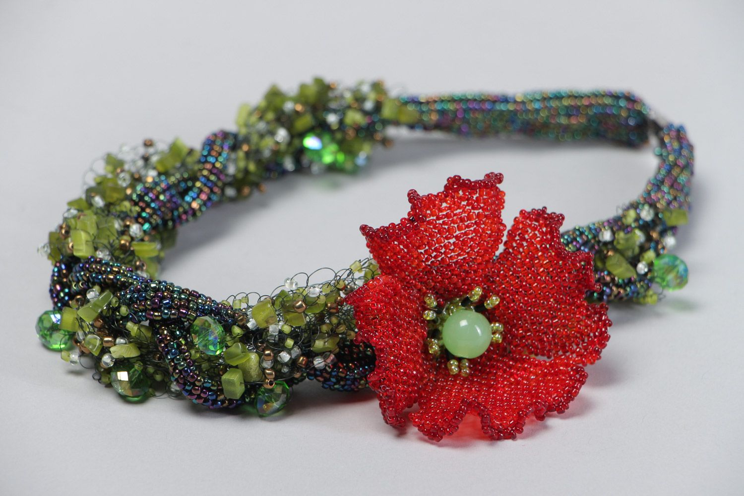 Handmade beautiful evening beaded necklace with natural stones Poppy photo 3