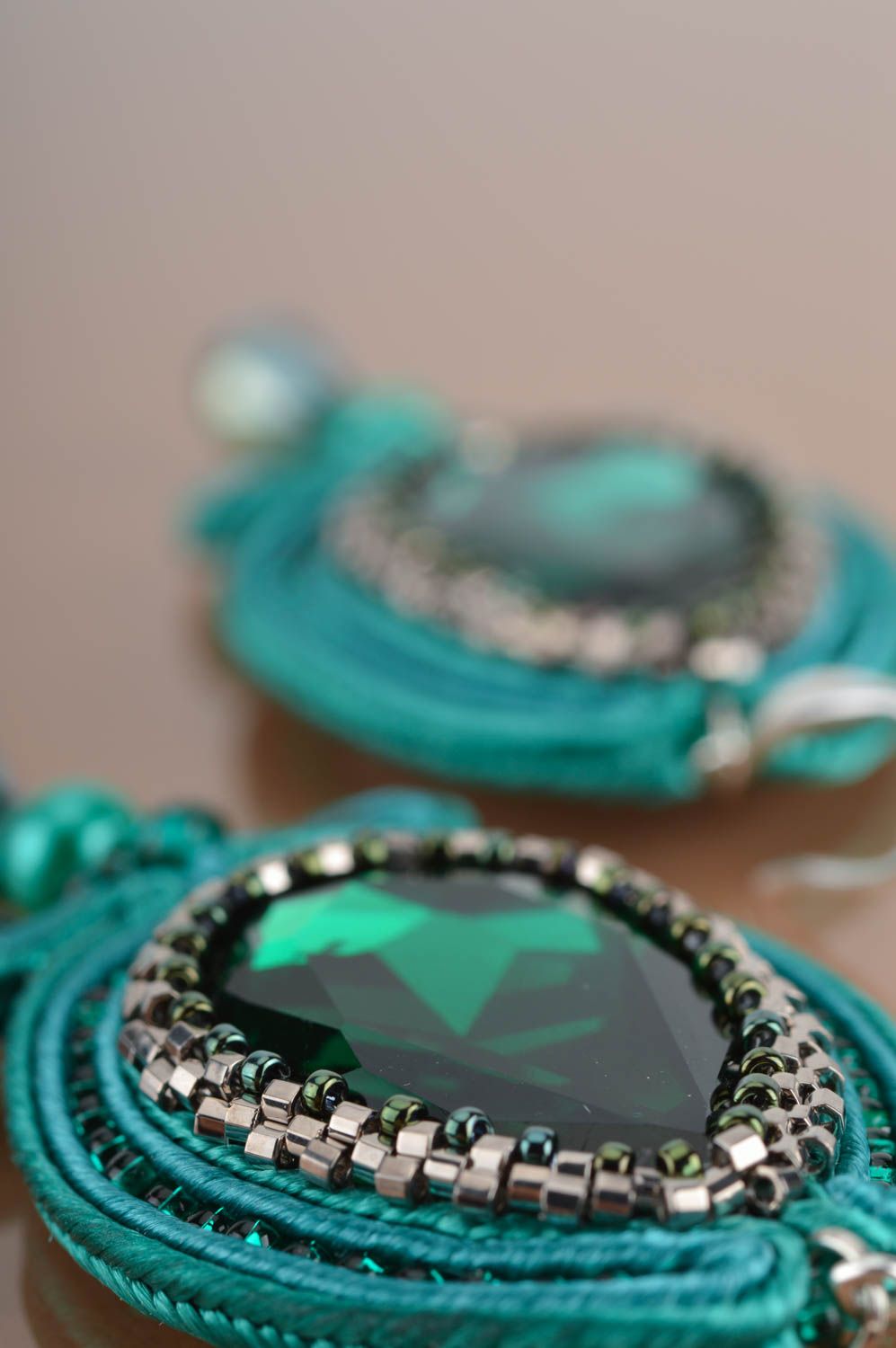 Emerald massive long earrings created manualy using soutache technique  photo 4
