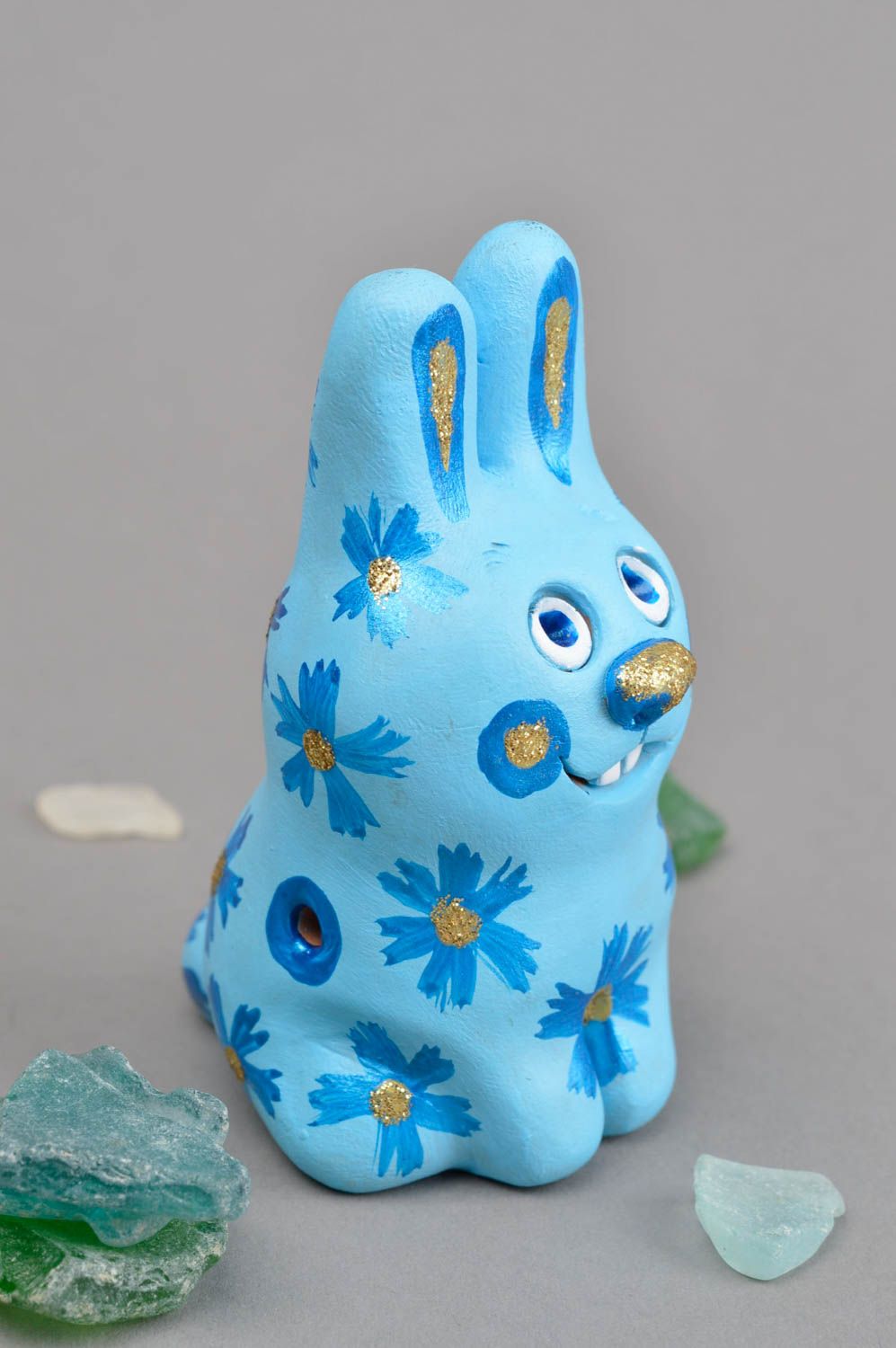 Sifflet jouet fait main Instrument de musique Figurine lapin bleu ciel argile photo 1