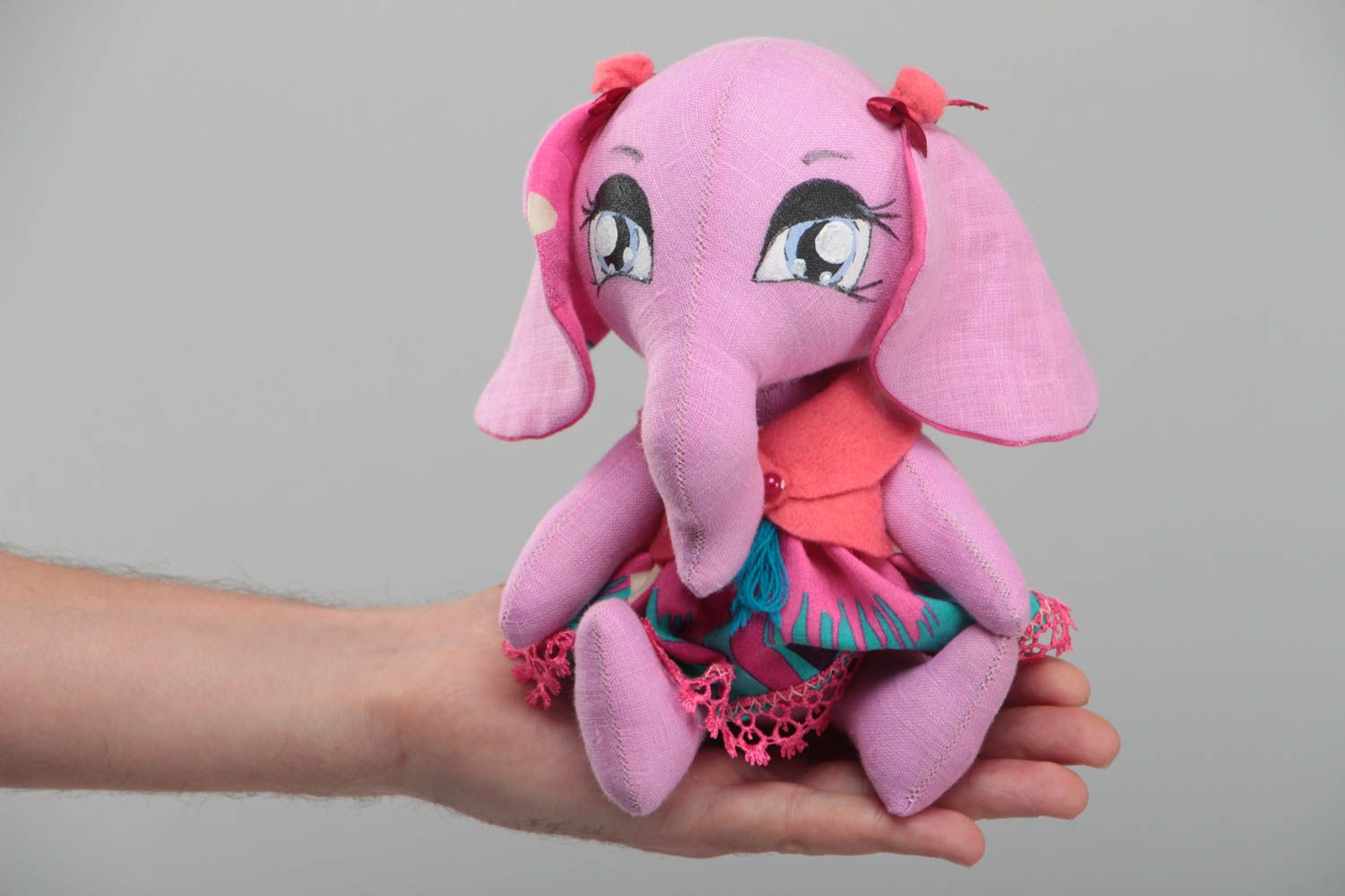 Handmade decorative fabric elephant made of linen soft beautiful pink toy photo 5