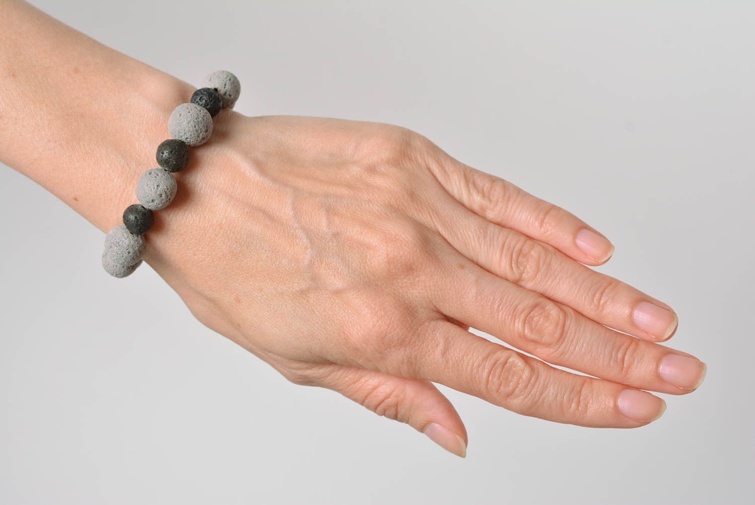 Handmade unusual designer women's wrist bracelet with gray polymer clay beads photo 3