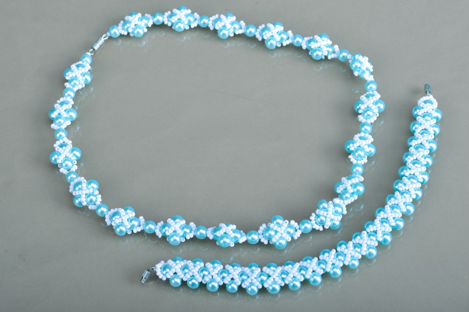 Set of handmade jewelry woven of tender blue beads necklace and wrist bracelet photo 2