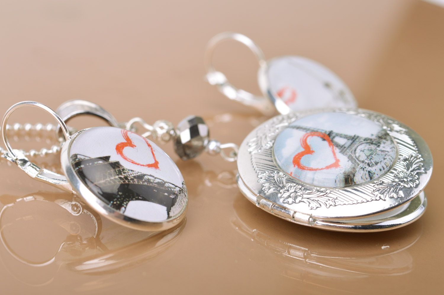 Handmade set of metal jewelry earrings and pendant with photo for girls photo 4