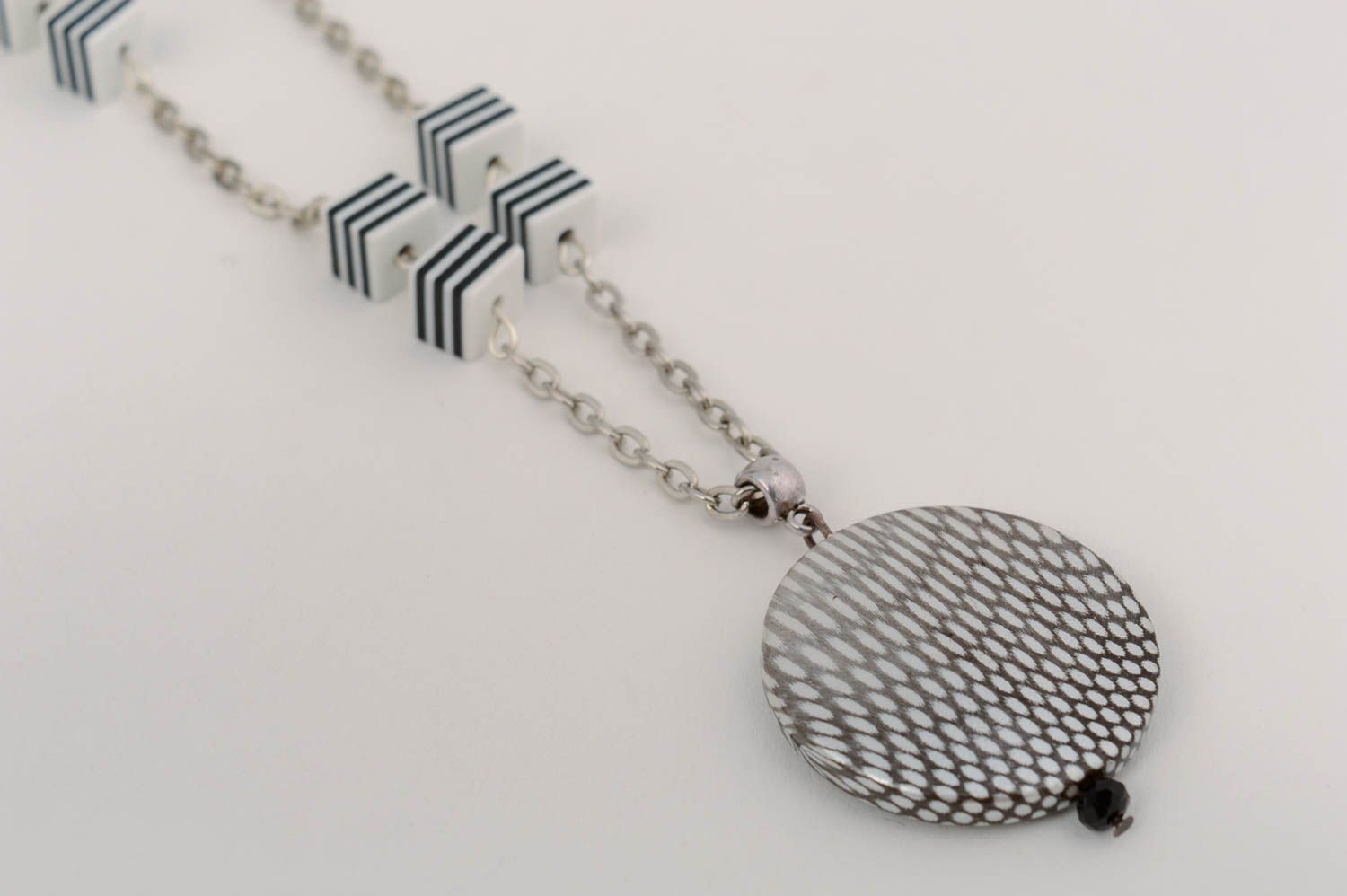 Beautiful handmade designer striped polymer clay bead necklace on chain photo 2
