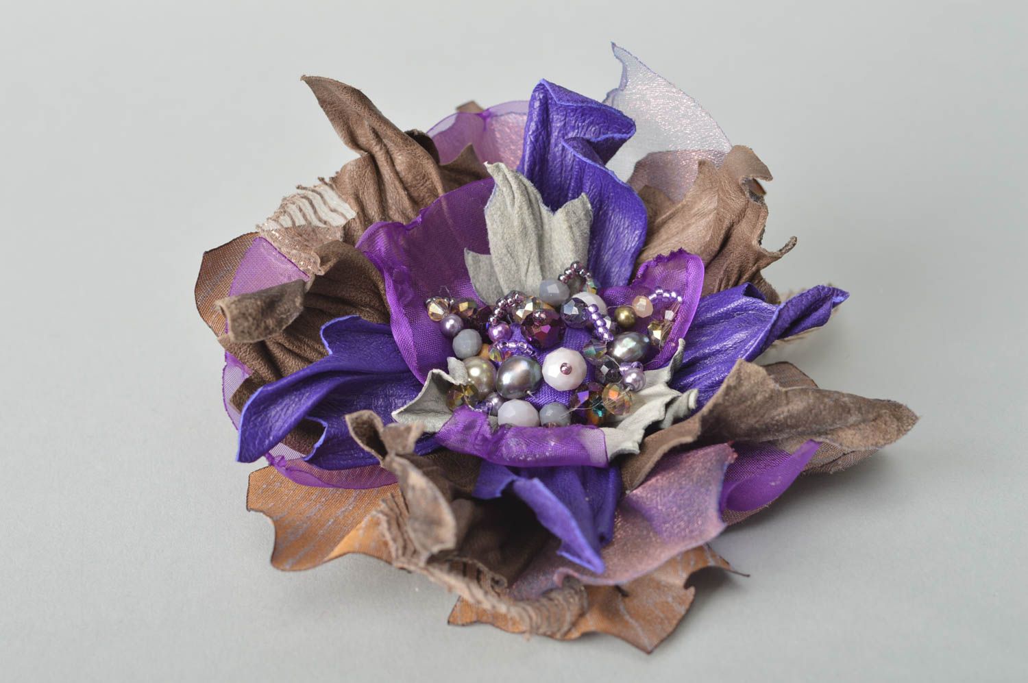 Broche Barrette fleur faite main grande en cuir Cadeau pour femme Violette  photo 2