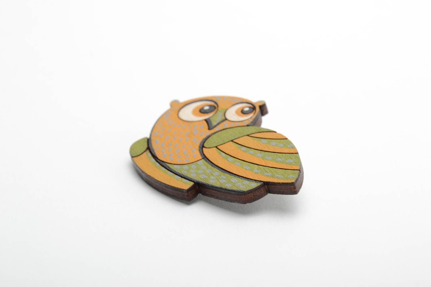 Bright handmade plywood brooch painted with acrylics in the shape of owl photo 4