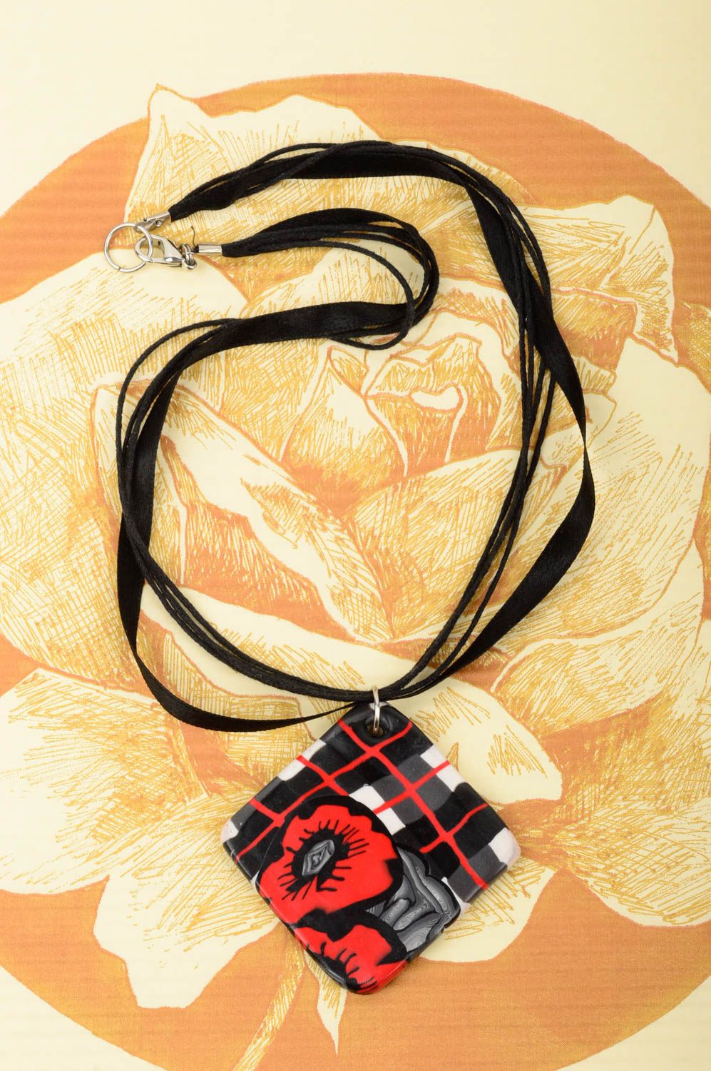 Handmade unusual pendant accessory made of clay stylish pendant on lace photo 1