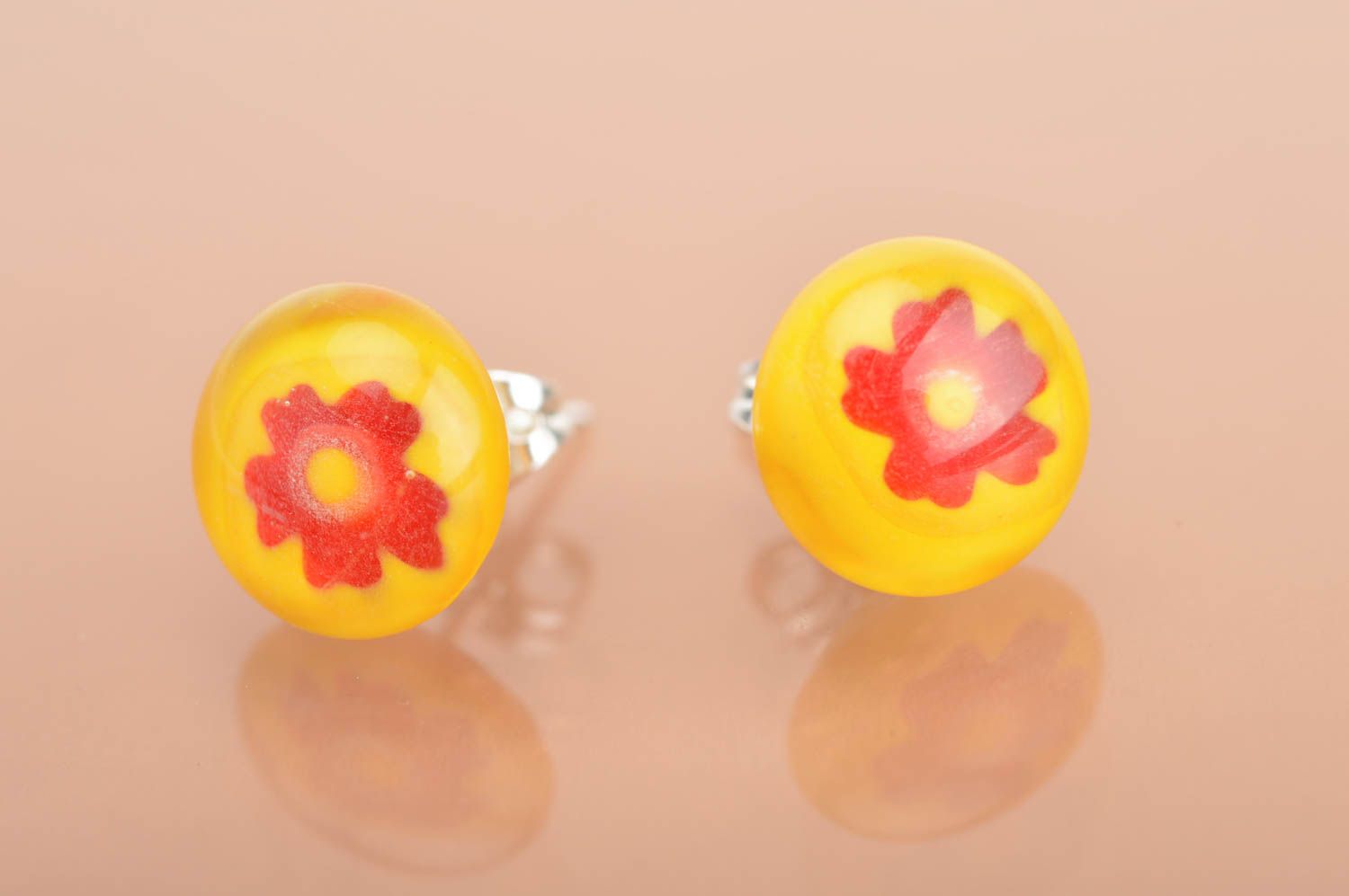 Handmade millefiory glass stud earrings yellow with red flowers small neat photo 2
