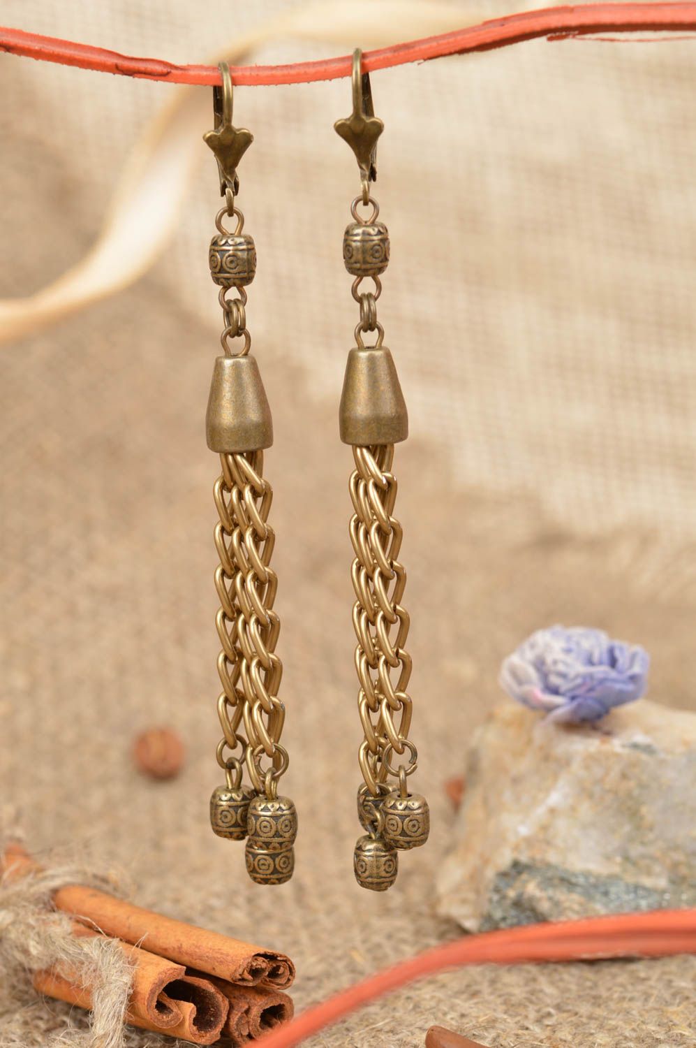 Handmade long dangle earrings with metal chains of bronze color in ethnic style photo 1
