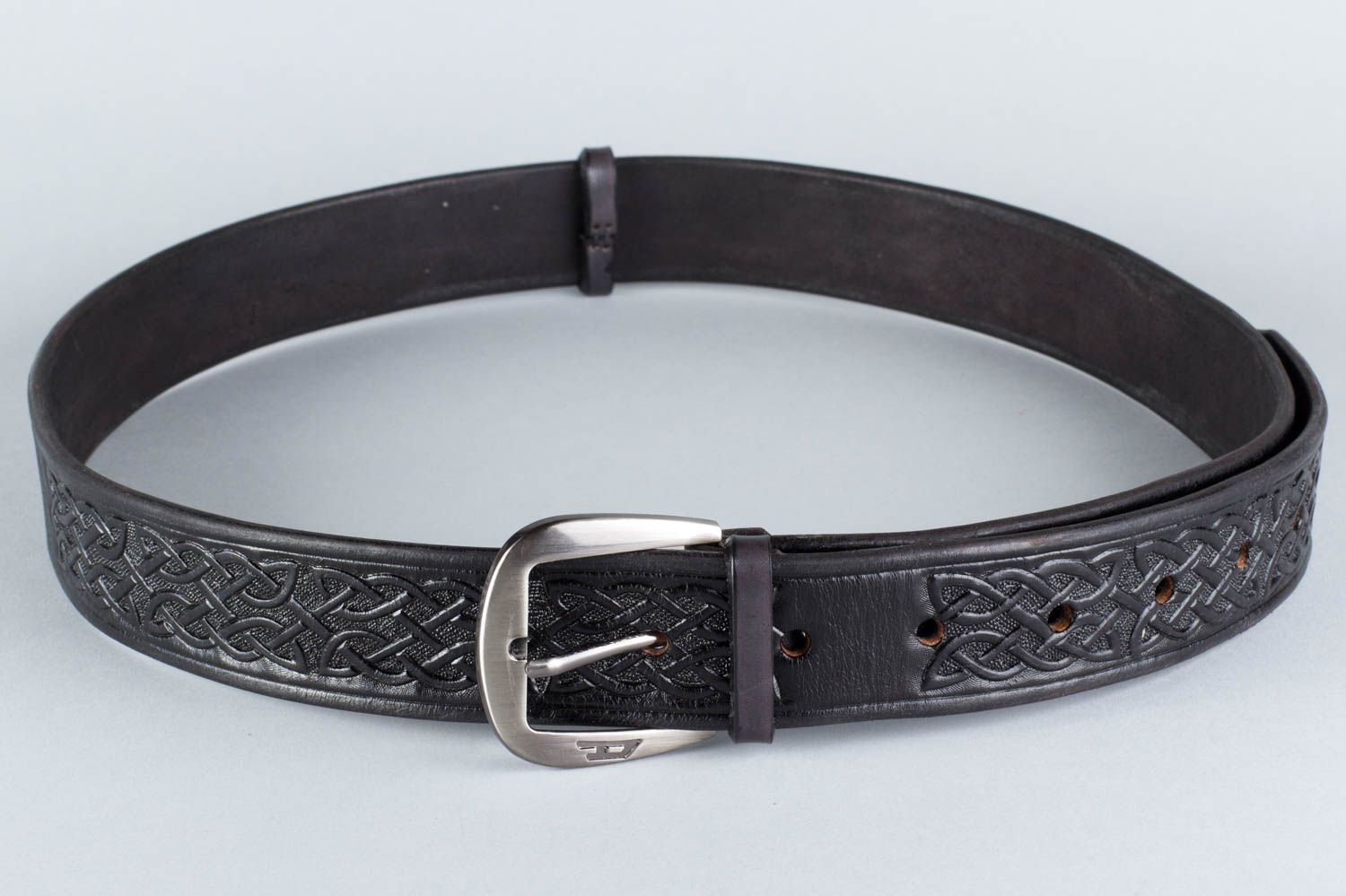 Handmade dark genuine leather belt with embossing and metal buckle Celt for men photo 5