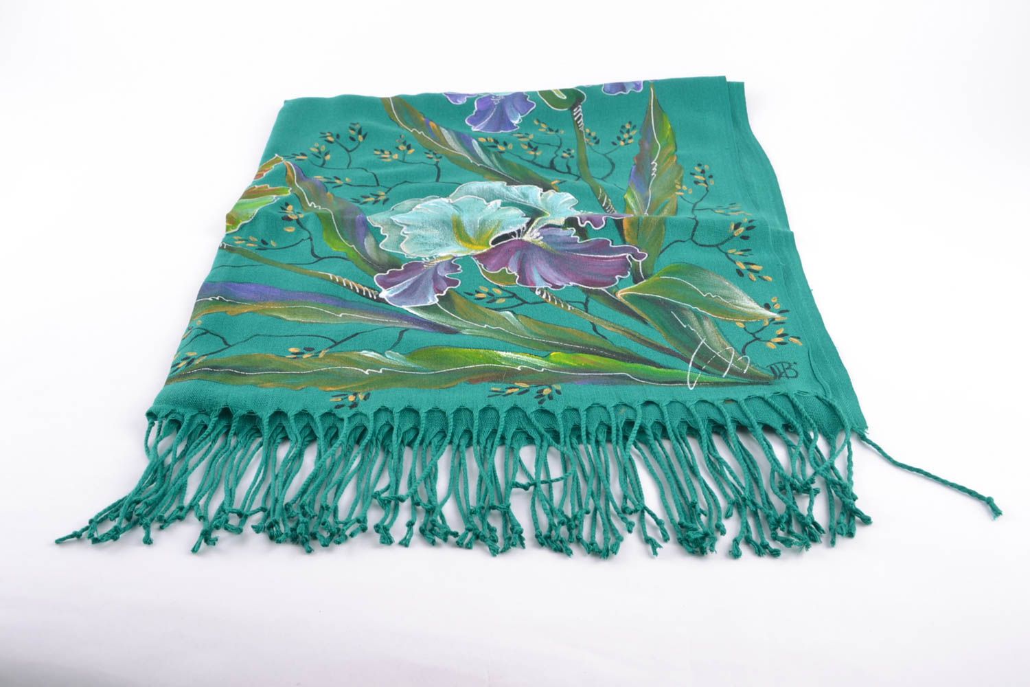 Длинный шарф с цветами кашемировый зеленый  фото 2