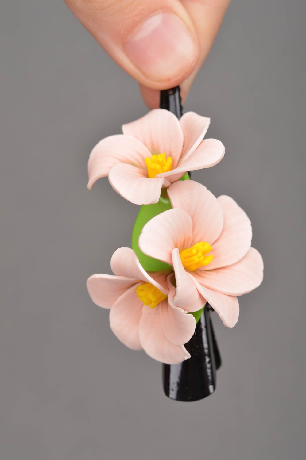 Handmade metal hair clip with volume flowers molded of polymer clay Sakura photo 2