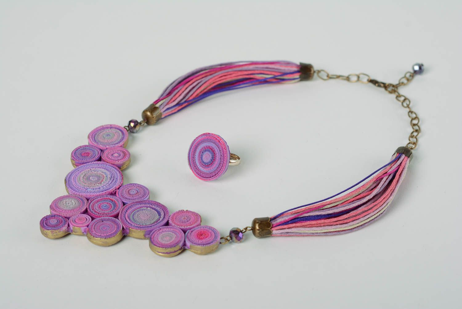Set of handmade violet polymer clay jewelry necklace and round ring 2 items photo 1