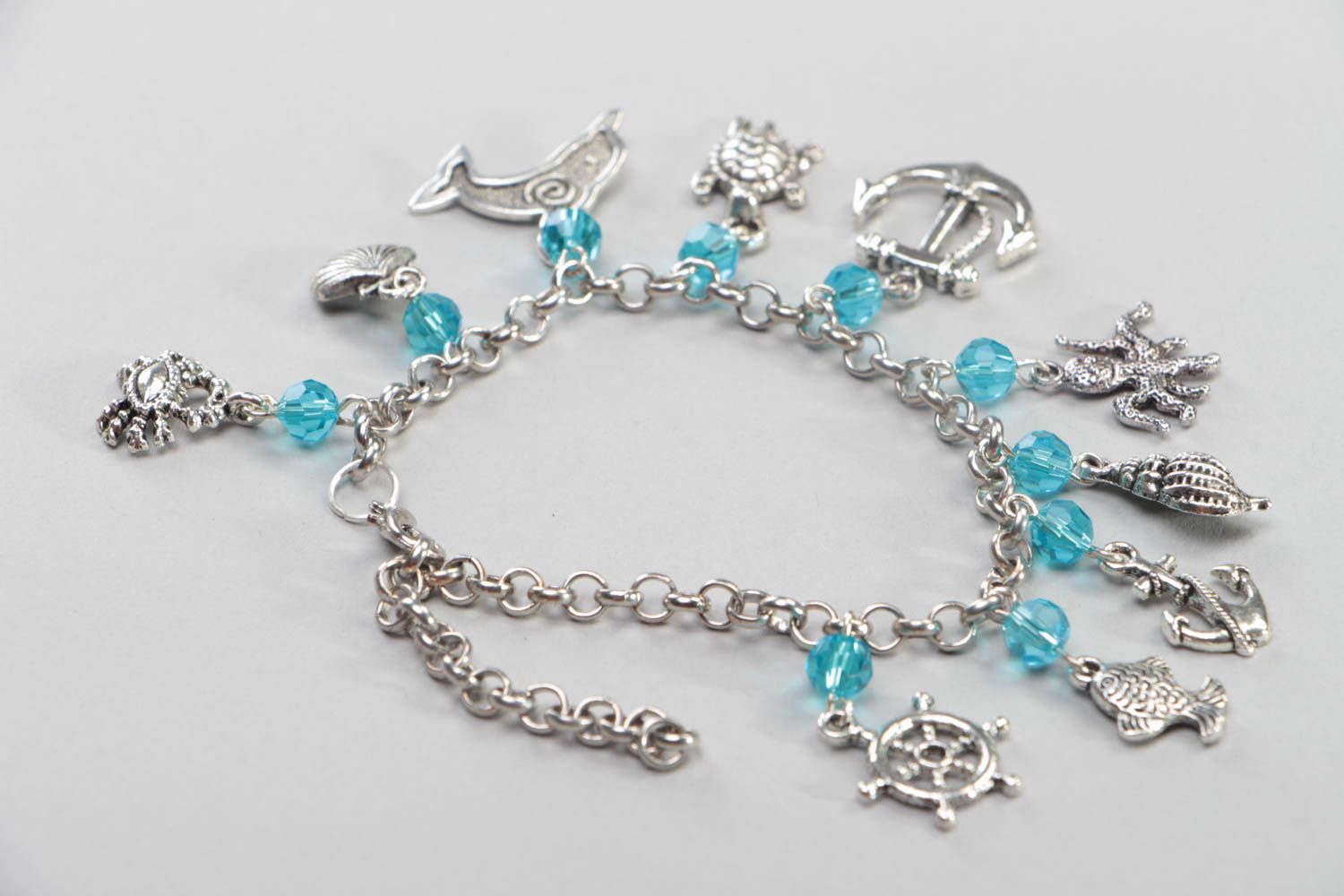 Bracelet chaîne breloques en métal perles de cristal motif marin fait main photo 4