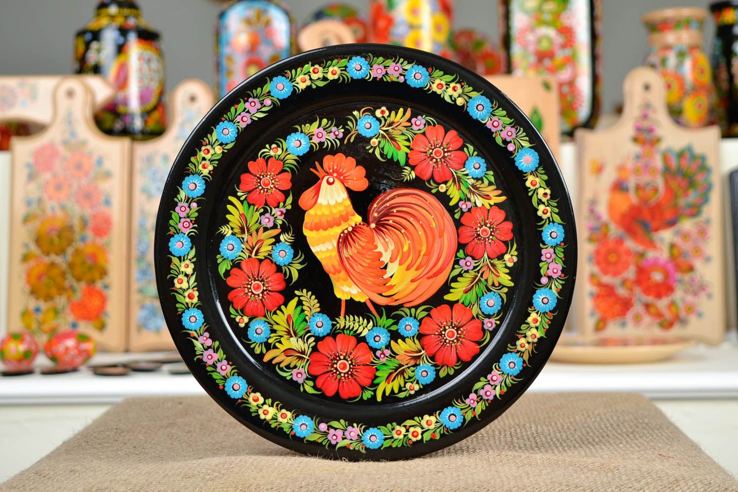 Handmade wooden plate designer Petrykivka painting interior decoration dishware photo 1