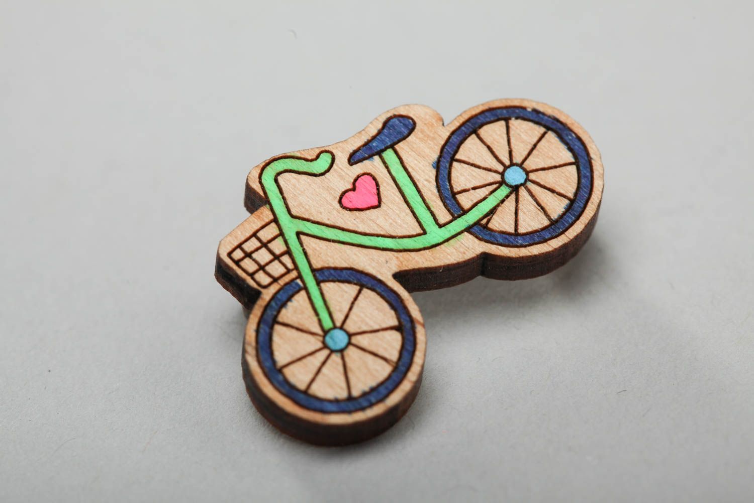 Handmade designer plywood brooch painted with acrylics in the shape of bicycle photo 2