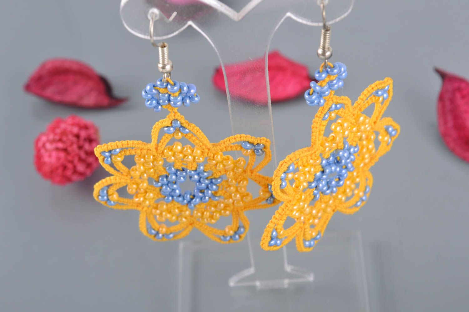 Tatting earrings with beads Yellow Flower photo 1