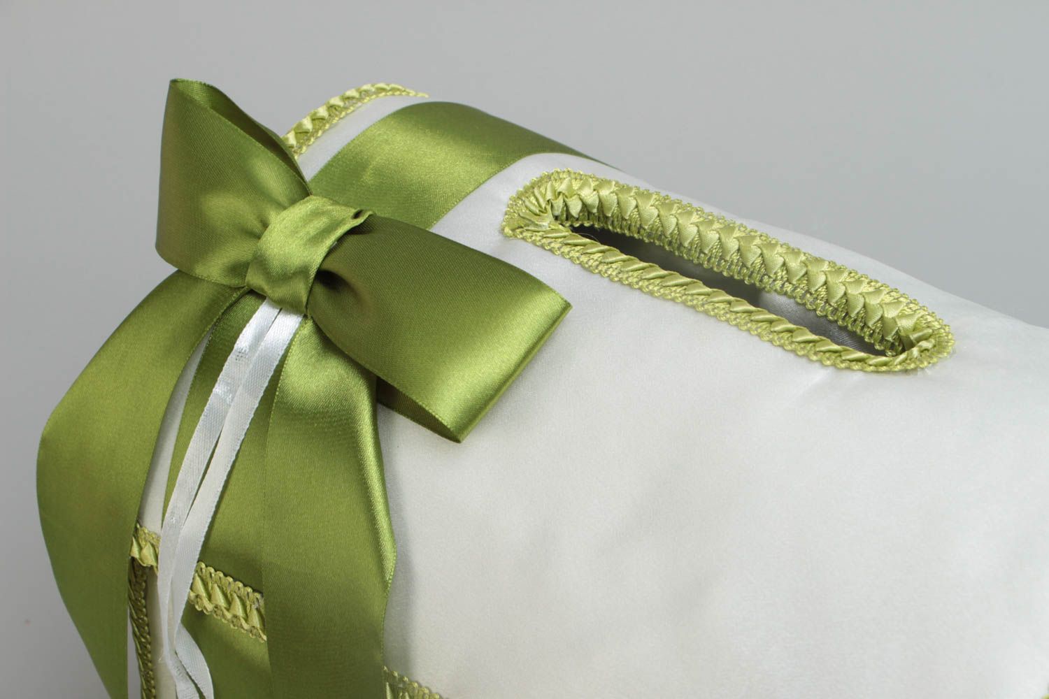 White and green large handmade decorative wedding box with ribbons photo 3