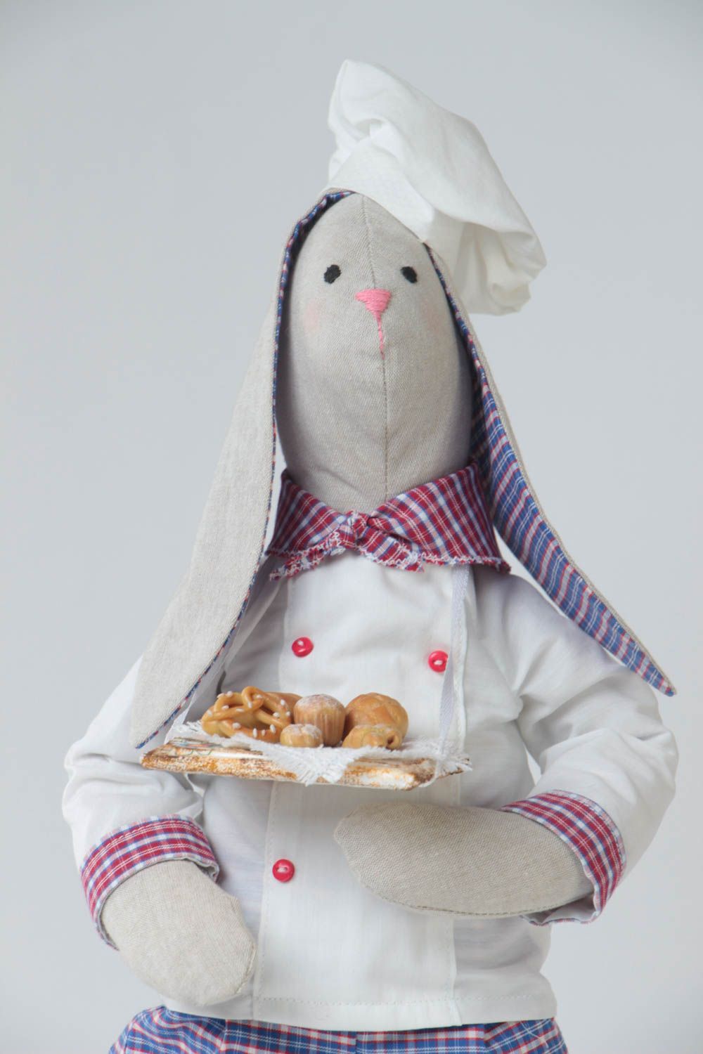 Handmade designer collectible cotton and linen fabric soft doll rabbit chef photo 3