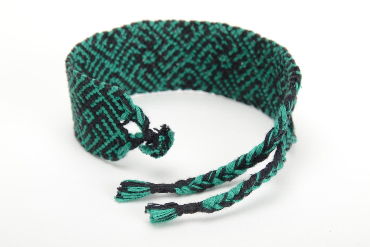 Handmade broad friendship wrist bracelet woven of embroidery floss of green color photo 3