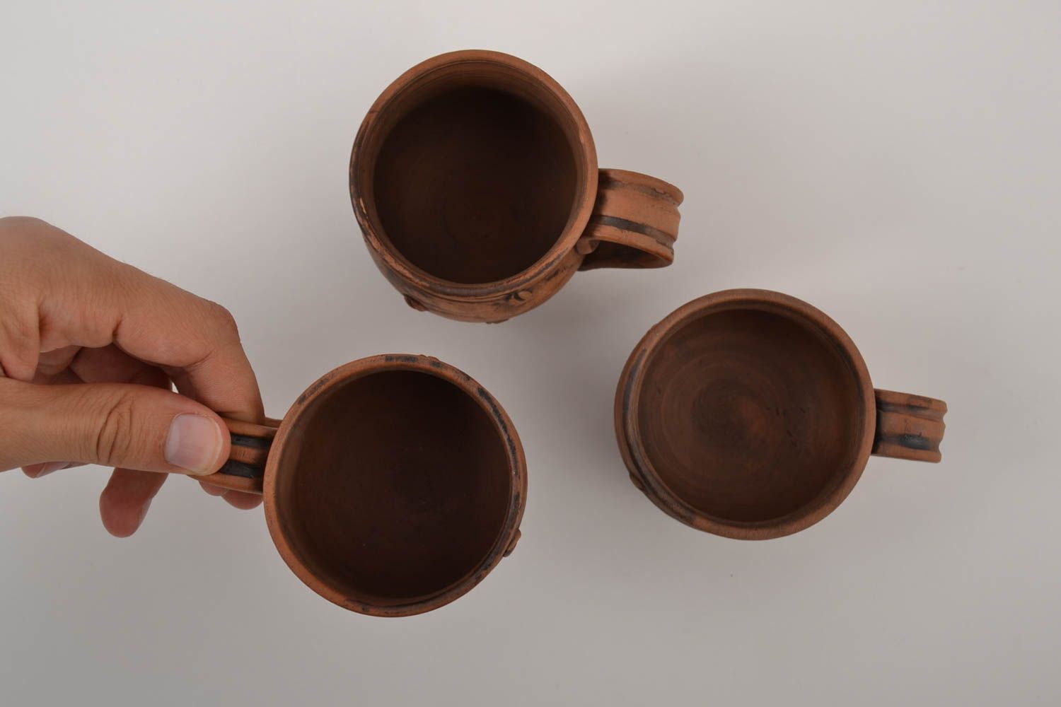 Set of 3 three coffee clay cups in a different style with handles and coffee beans décor 3,5 oz and 1 lb  photo 3