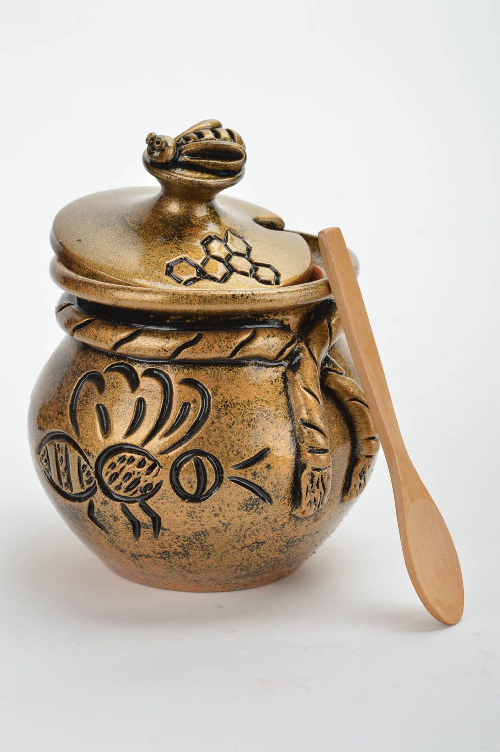 Petit pot à miel en céramique avec couvercle et cuillère en bois fait main 20 cl photo 2