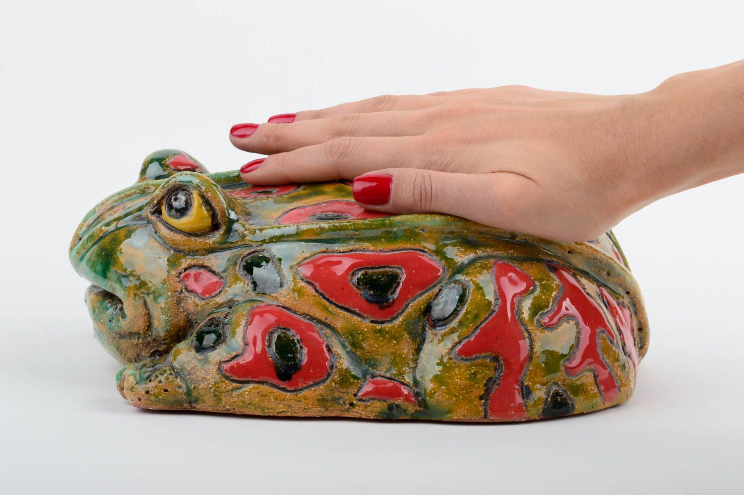 Handmade Figur Frosch groß Haus Deko Keramik Figur bemalt originell bunt foto 2