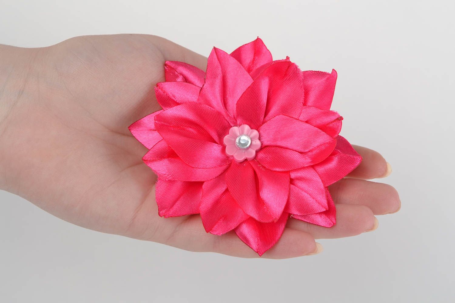 Handmade decorative hair band with volume ribbon aster flower of fuchsia color photo 2