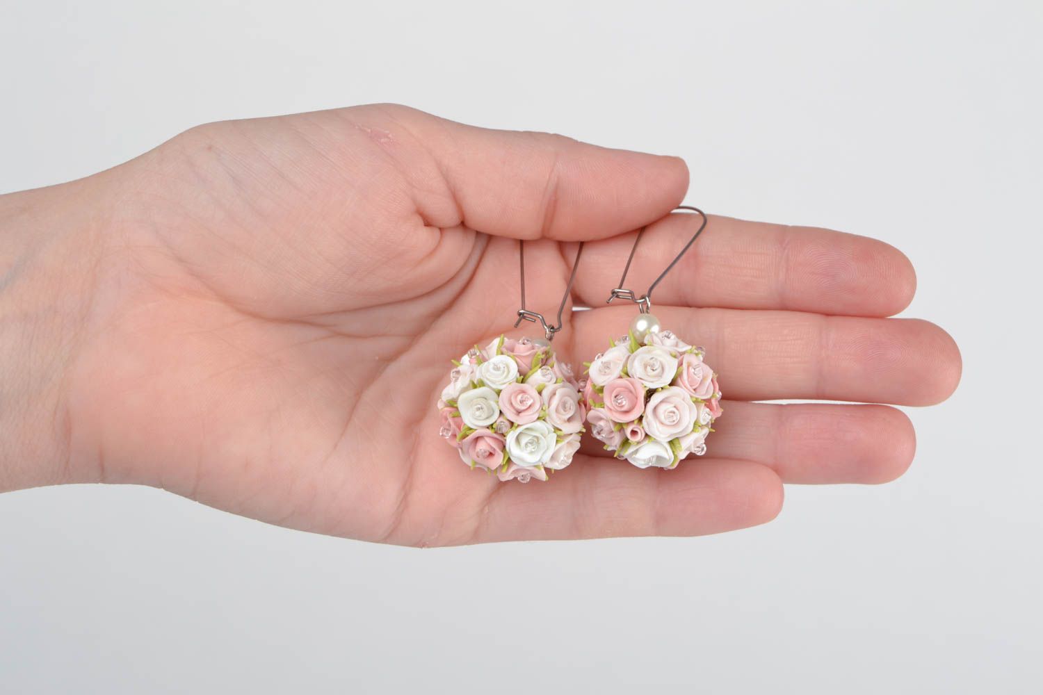 Beautiful tender fancy handmade long polymer clay lush roses bouquets earrings  photo 2