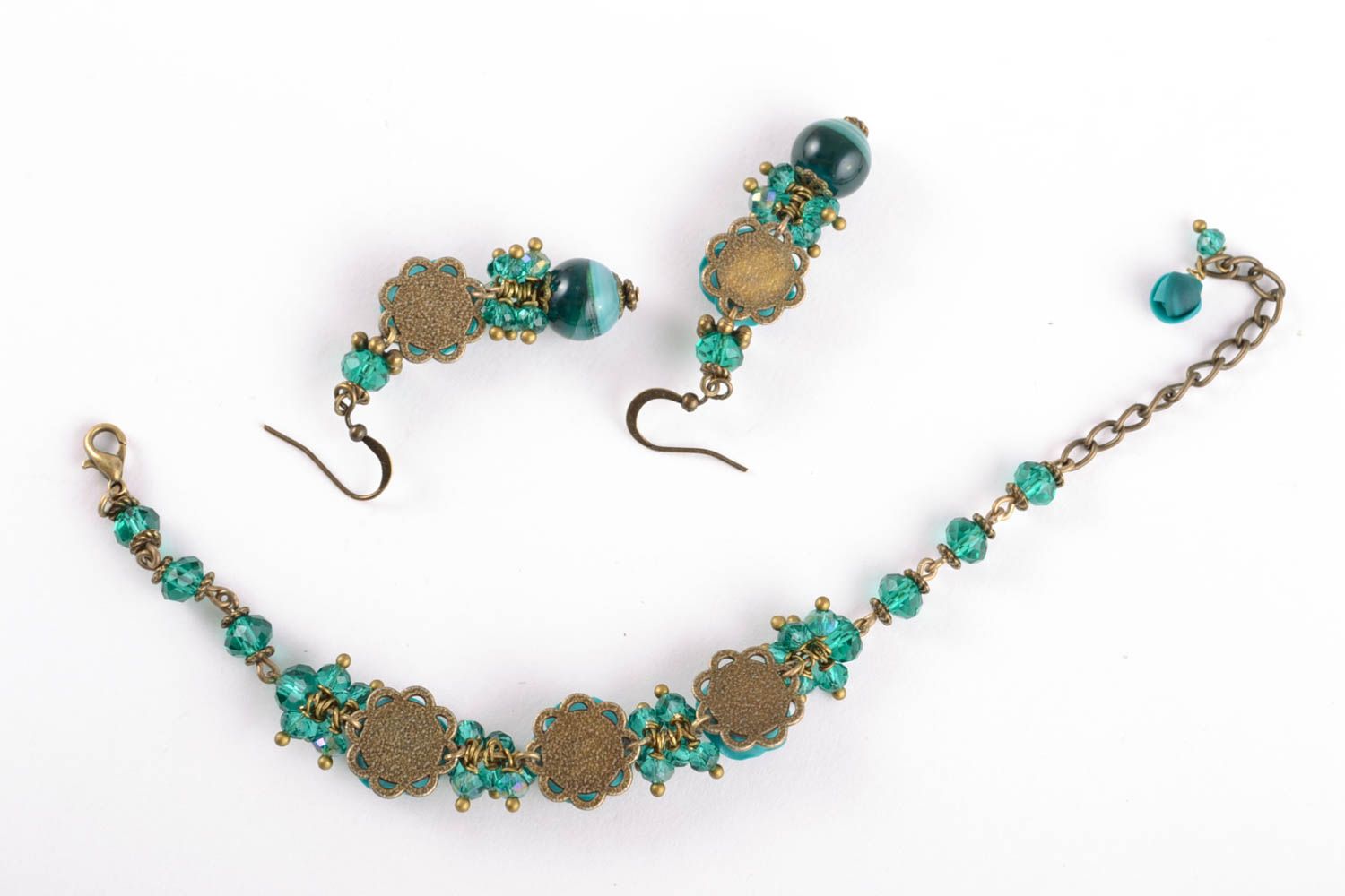 Dark green charm chain bracelet and earrings set for women photo 5