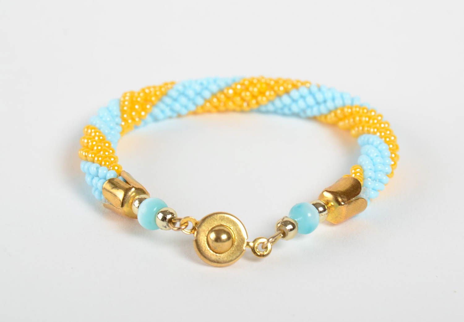 Handmade beaded cord bracelet in yellow and blue colors for women  photo 5