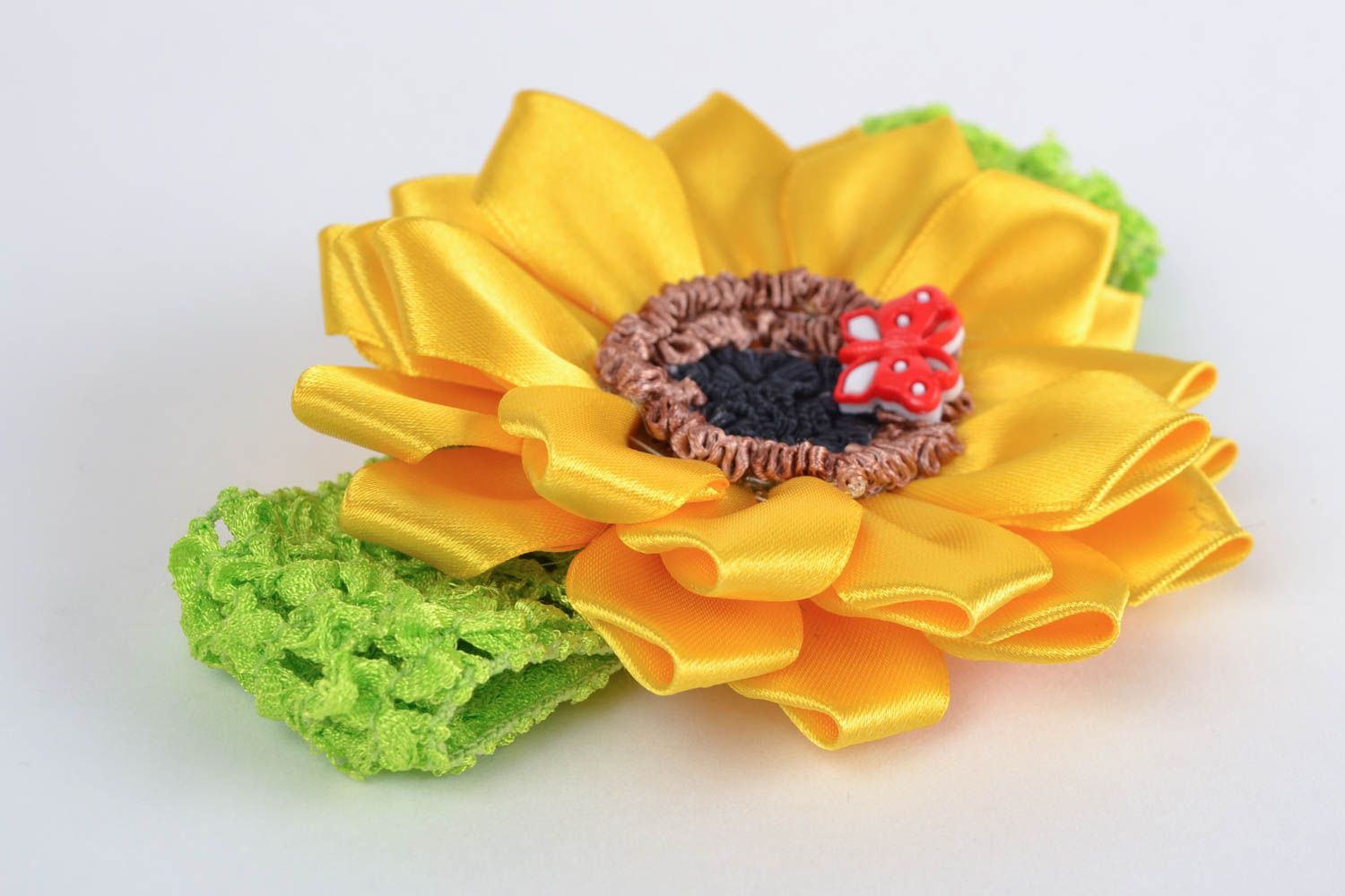 Handmade designer green headband with yellow satin ribbon kanzashi sunflower photo 1