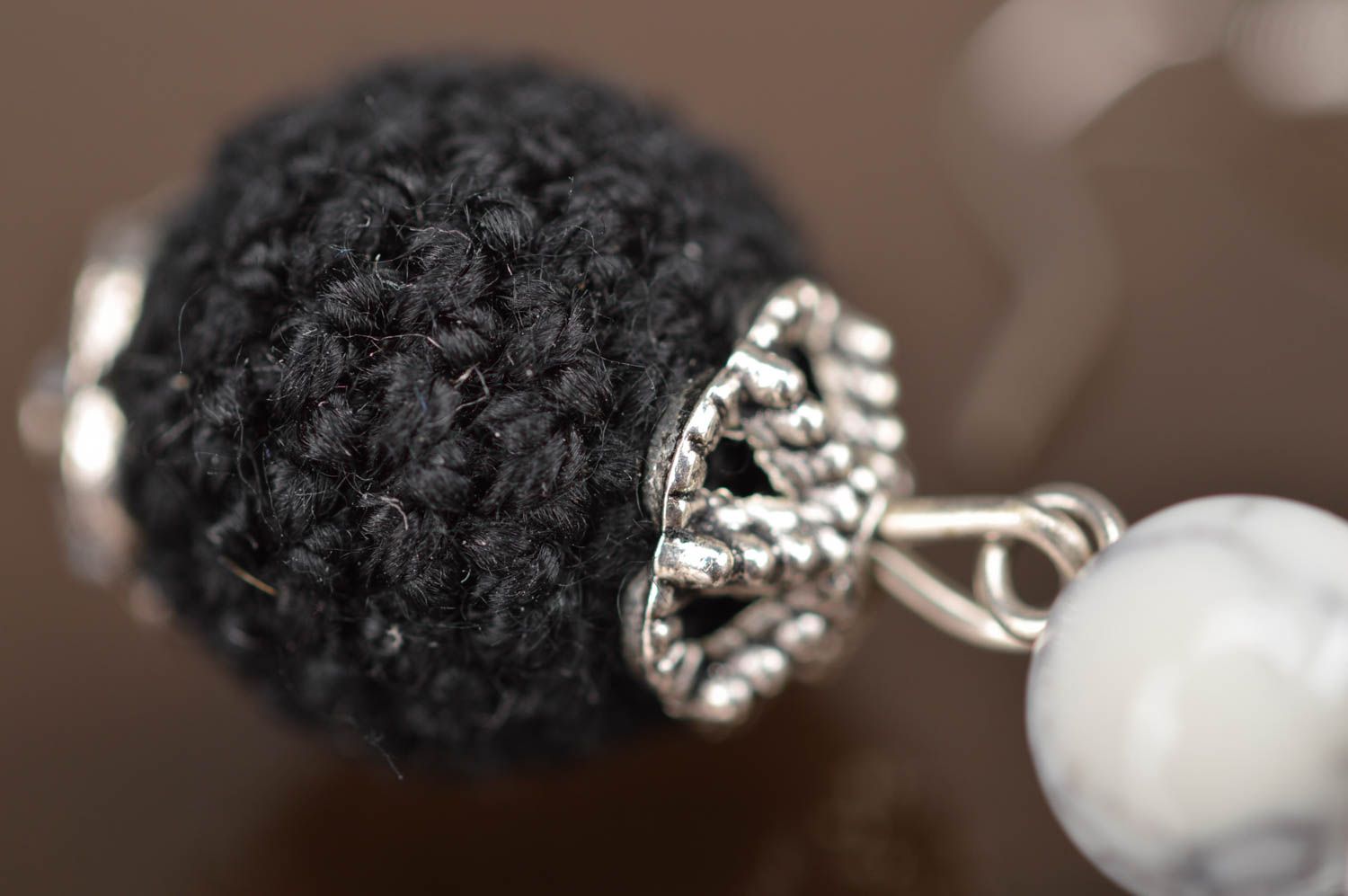 Unusual beautiful handmade earrings with crocheted over beads black and white photo 5
