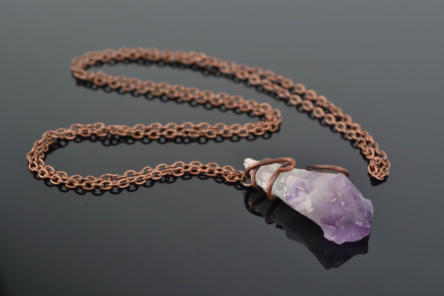 Handmade wire wrap copper neck pendant with natural amethyst stone for women photo 1