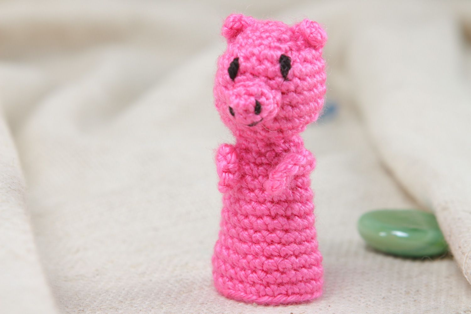 Handmade finger puppet in the shape of pink pig crocheted of acrylic threads photo 5