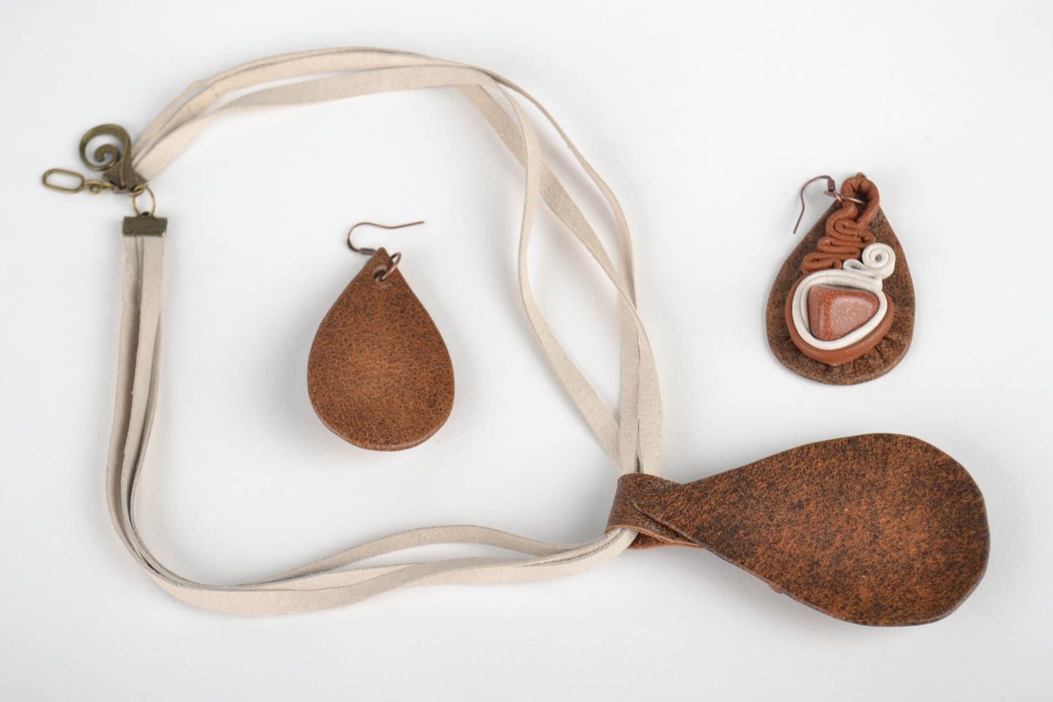 Damen Schmuck Set Handmade Anhänger Leder Ohrringe mit Naturstein originell foto 2