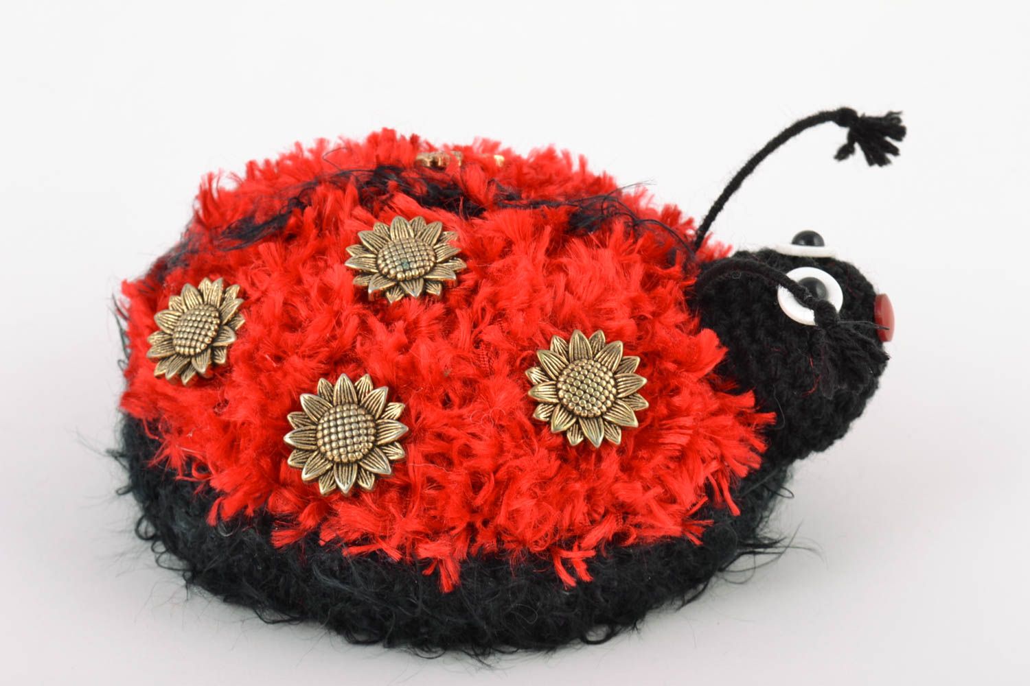 Handmade soft amigurumi toy crocheted of woolen threads Red Ladybug photo 4