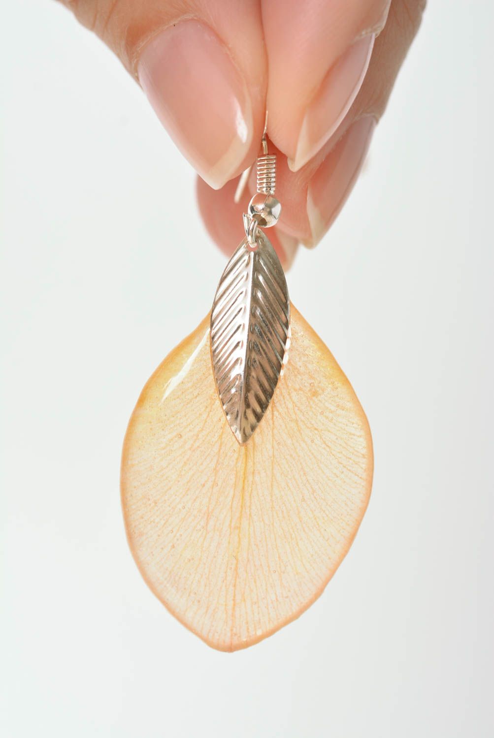 Elegant dangle earrings with orange flower petals in epoxy resin handmade photo 2