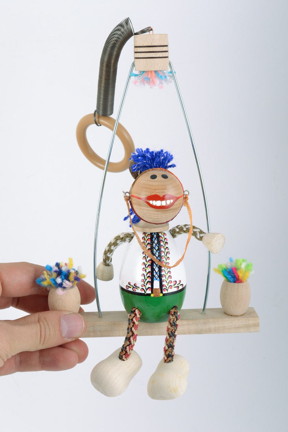 Handmade eco friendly wooden toy horse on a swing funny cute painted doll photo 2